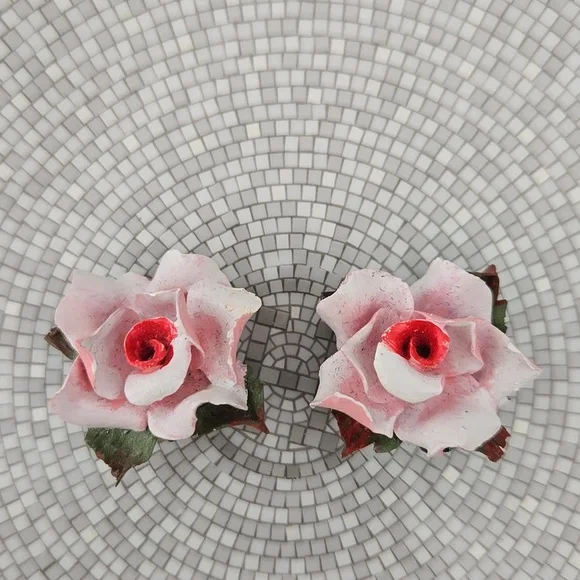 Vintage Rosette Clip Pink and Red Rose Earrings, Garden Party, Hamptons Chic - Picture 9 of 10